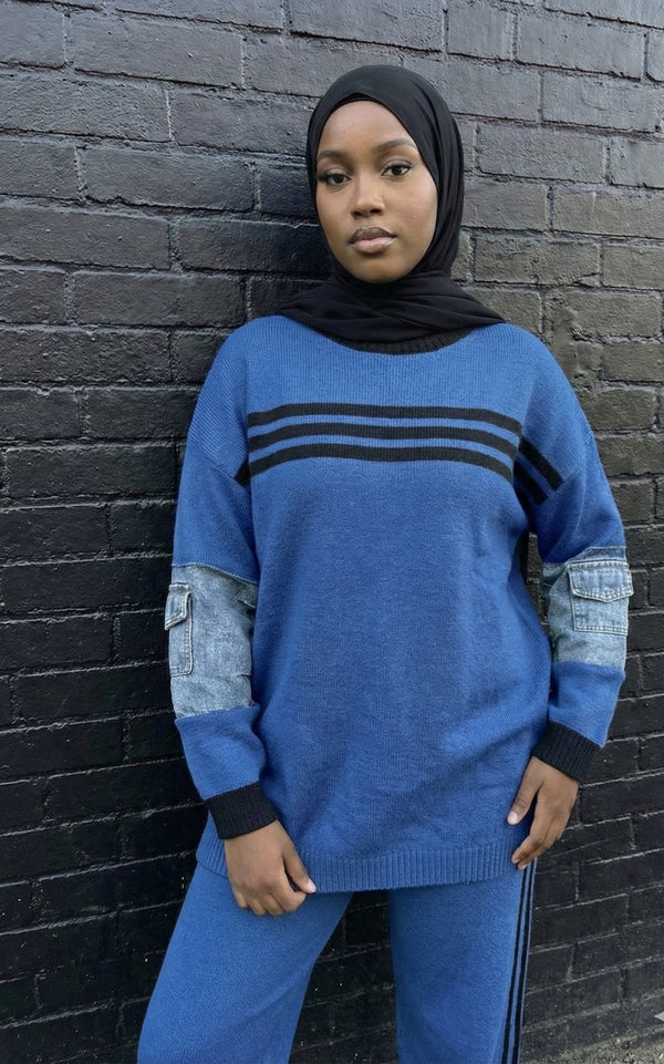 Ensemble Hiver Confortable 2 Pièces Pull et Pantalon en Maille avec Détails Denim - S, M, L, XL