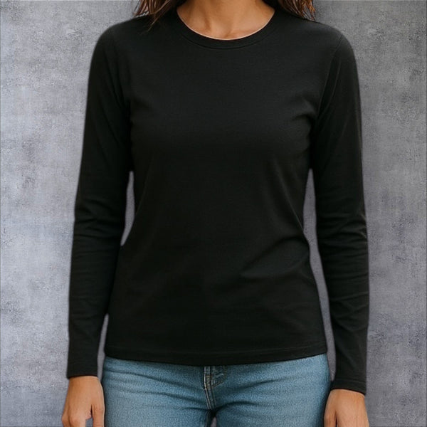 Essential black cotton long-sleeve undershirt – breathable and perfect for layering under modest outfits.