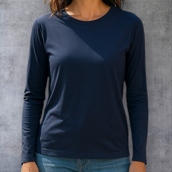 Essential navy blue cotton long-sleeve undershirt – breathable and perfect for layering under modest outfits.