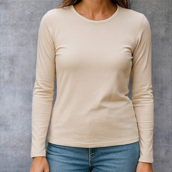 Essential beige cotton long-sleeve undershirt – breathable and perfect for layering under modest outfits.