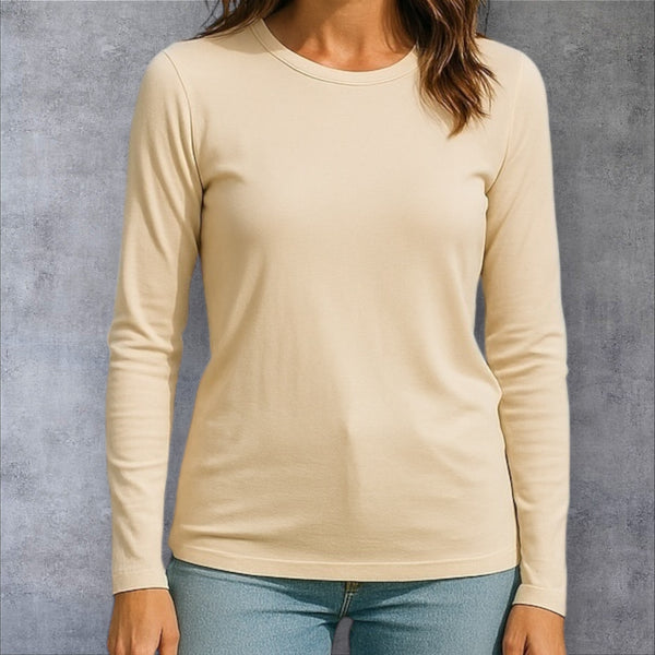Essential light beige cotton long-sleeve undershirt – breathable and perfect for layering under modest outfits.